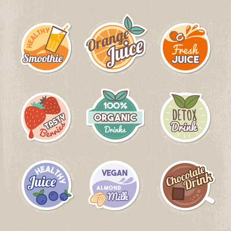 Healthy drinks, juice and smoothies vintage badges stickers collectionのイラスト素材