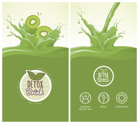 Drink menu with healthy kiwi juice splash, fruit, icons and detox concept badgeのイラスト素材