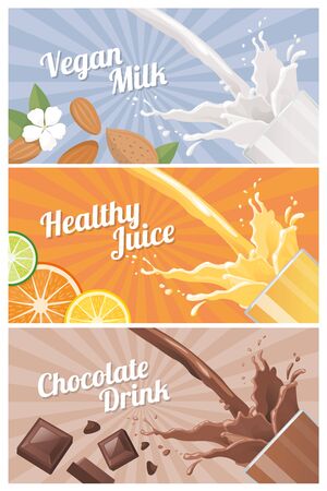 Healthy natural vegetarian drinks banners set with glass: almond milk, orange juice and dark chocolateのイラスト素材