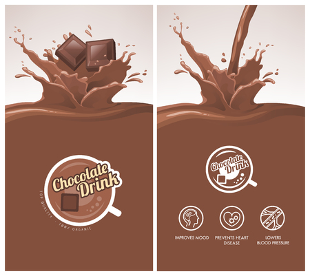 Hot chocolate drink with splash menu, squares of chocolate falling, icons and badgeのイラスト素材