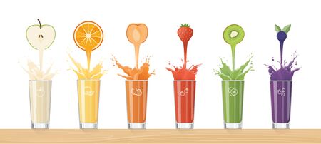 Fresh healthy juice pouring from tasty fruits into glasses and composing a rainbow, healthy drinks and variety conceptのイラスト素材