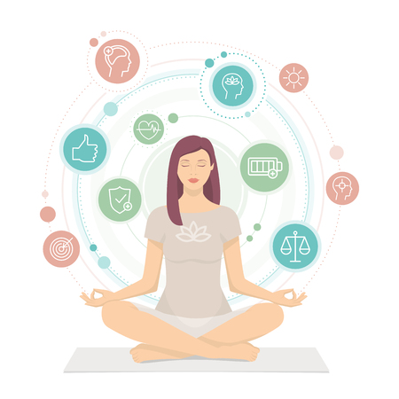 Woman practicing mindfulness meditation, she is sitting in the lotus position and she is surrounded by health and wellness conceptsのイラスト素材