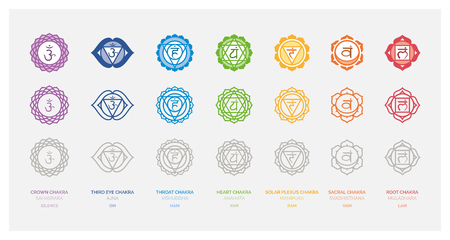 The seven chakras set, their meaning and sanskrit name; spirituality and energy healing conceptのイラスト素材
