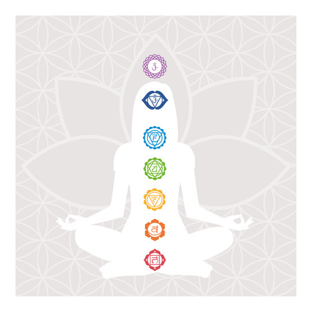 Seven chakras, energy body and woman meditating in the lotus positionのイラスト素材