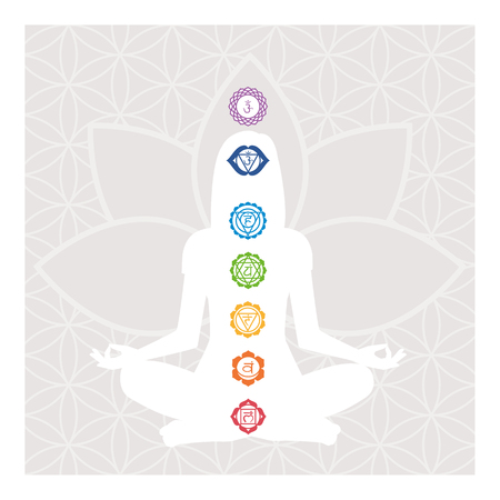 Seven chakras, energy body and woman meditating in the lotus positionのイラスト素材