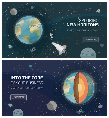 View of earth from space, spaceship with astronaut and layered interior structure of the planetのイラスト素材