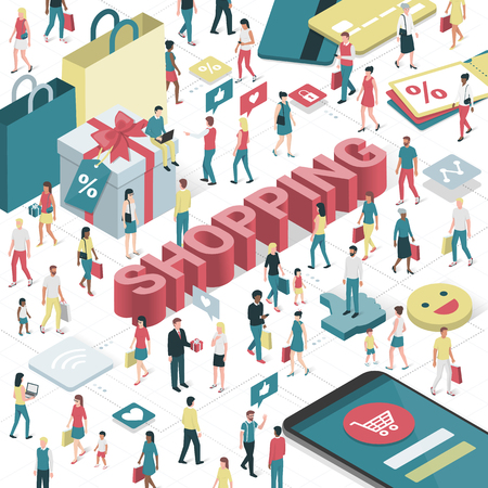 People enjoying shopping online and purchasing products: technology, social media and retail conceptのイラスト素材