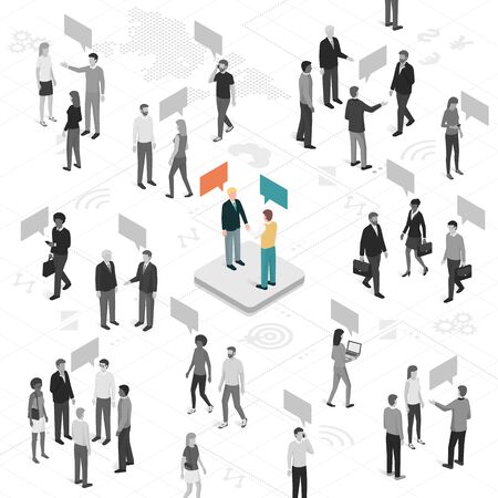 People talking and sharing different ideas, business people shaking hands at center: customer engagement, social media, communication and marketing conceptのイラスト素材