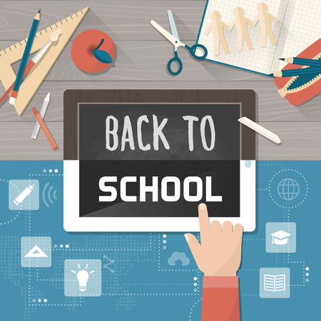 Back to school evolution, yesterday and today: an old chalkboard becomes a contemporary digital tablet, innovative technology and education conceptのイラスト素材