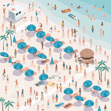 Luxury tropical beach with people, beach umbrellas and sunbeds, summer vacations and tourism concept, aerial viewのイラスト素材