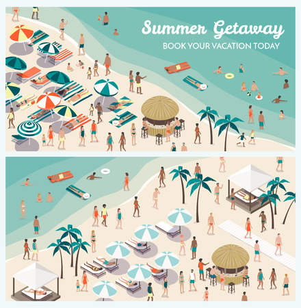 Crowded tropical beach resort banner set with people, beach umbrellas and sunbeds, vacations and travel concept, aerial viewのイラスト素材