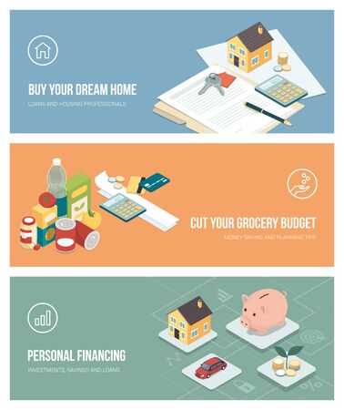Real estate investments, home personal budgeting, payments and financial planning banners setのイラスト素材