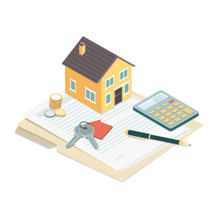 Model house, house keys and contract: real estate, loans and investments conceptのイラスト素材