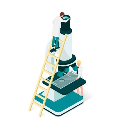 Researchers in the laboratory, they are analyzing a sample using a microscope: science and medical research conceptのイラスト素材