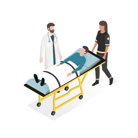 First aid at the hospital: doctor and paramedic taking care of the patient during an emergencyのイラスト素材