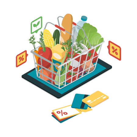 Fresh vegetables and grocery products with icons in a shopping basket on a digital tablet, grocery shopping online and augmented reality conceptのイラスト素材