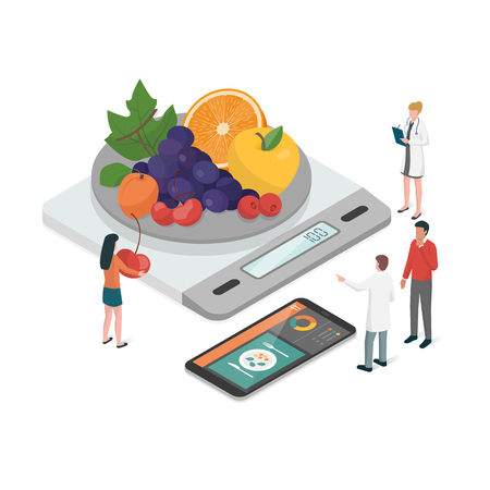 Nutritionists planning a diet using a food measuring scale and a food app on the smartphone, diet and nutrition conceptのイラスト素材