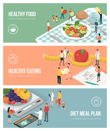 Nutrition diet and healthy lifestyle banners set: people preparing food and planning an healthy dietのイラスト素材