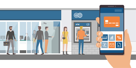 Mobile banking app on a smartphone and bank with customers and atm on the background, technology and finance conceptのイラスト素材