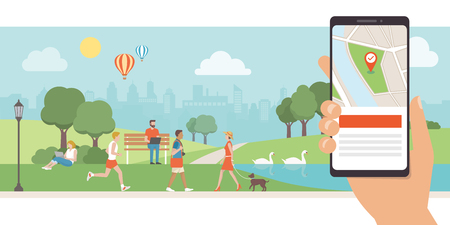 Navigation app with map and location pin, urban park with people relaxing and walking on the background, augmented reality conceptのイラスト素材