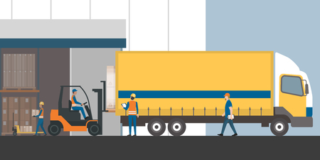 Workers loading the truck with packed goods at the industrial warehouse with a forklift truck: freight transportation, shipment and logisticsのイラスト素材
