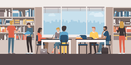 Group of people studying together at the library, working with a laptop and searching for booksのイラスト素材