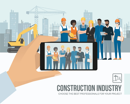 Professional construction workers and engineers posing together on the contruction site, a man is taking a picture with a smartphone, subjective point of viewのイラスト素材