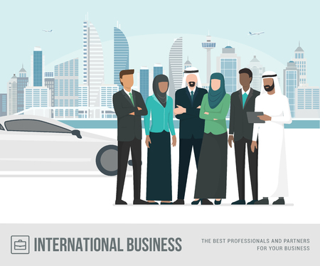 Muslim arab businesspeople posing together, metropolis and luxury car on the backgroundのイラスト素材