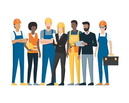 Construction workers and engineers standing together, construction industry conceptのイラスト素材