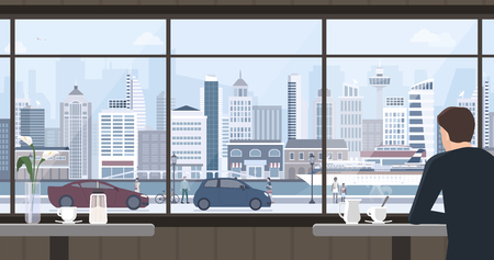 Man relaxing at the cafe, he is having a coffee and staring at the window, city view on the backgroundのイラスト素材