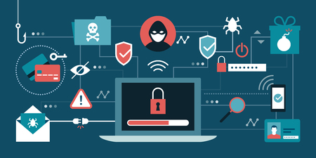 Cyber security, antivirus, hackers and malware concepts with secure laptop at center.のイラスト素材