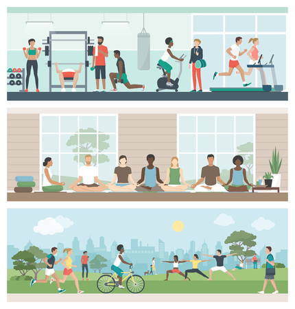 Multi-ethnic groups of people practicing sports and meditation: they are exercising at the gym, doing yoga and relaxing at the park, healthy lifestyle concept, banner set.のイラスト素材