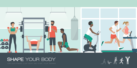 Young fit people exercising together at the gym, running, cycling and weightlifting; healthy lifestyle and sports concept.のイラスト素材