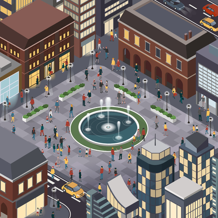 People in the city walking, meeting friends and shopping, top viewのイラスト素材