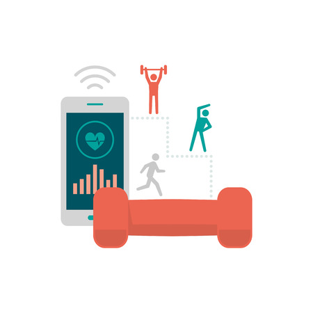 Fitness app on a smartphone and dumbbells: sports and weight loss conceptのイラスト素材