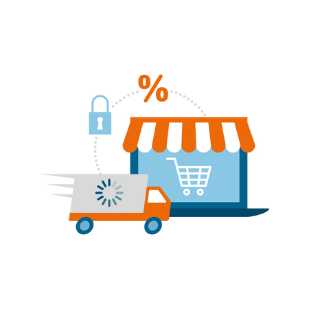Laptop with e-shop and truck: online shopping, logistics and e-commerce conceptのイラスト素材