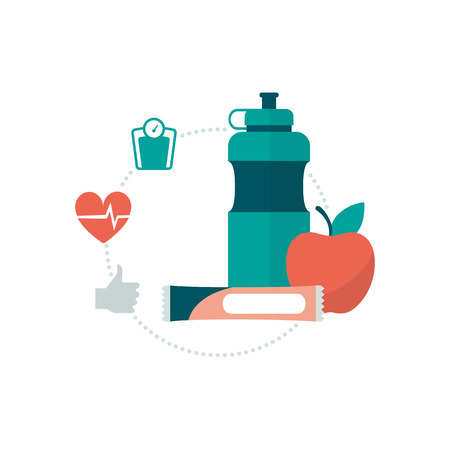 Healthy food, bottle and fitness icons: healthy lifestyle and workout conceptのイラスト素材