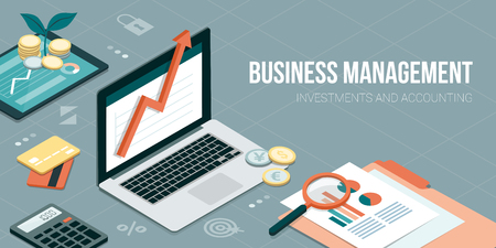 Growing financial graph on a laptop with arrow going up on a desktop: successful business and investments concept.のイラスト素材