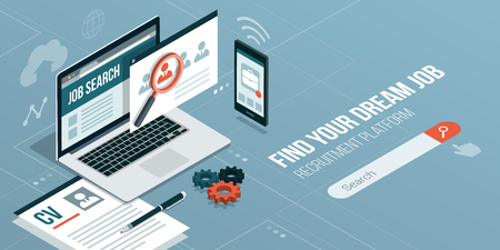Find a job online and recruitment platform on laptop and smartphone: technology and employment conceptのイラスト素材