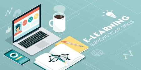 E-learning platform and online courses on a laptop and smartphone: innovative education conceptのイラスト素材