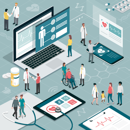 Healthcare and innovative technology: apps for medical exams and online consultation conceptのイラスト素材