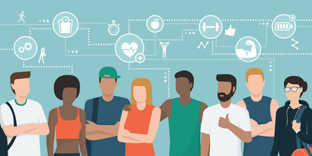 Multi-ethnic team of athletes posing together and networkのイラスト素材