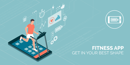 Man running on a smartphone treadmill and exercising: fitness app and sports conceptのイラスト素材