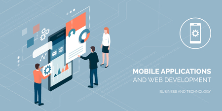 Developers building mobile apps and working together on a user interface, communication and technology conceptのイラスト素材