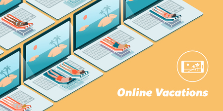 People having vacations online on their laptops, they are lying on a deckchair and sunbathing in front of the computer screenのイラスト素材