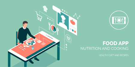 Man having an healthy meal and using food apps on a smartphoneのイラスト素材