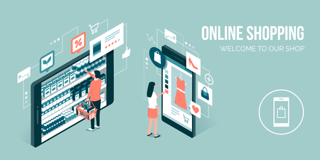 Users doing online shopping and buying grocery items using a mobile app: technology and retail conceptのイラスト素材