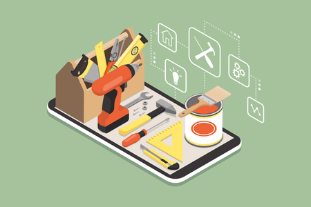 Do it yourself and home renovation app: toolbox and tools on a smartphone with iconsのイラスト素材