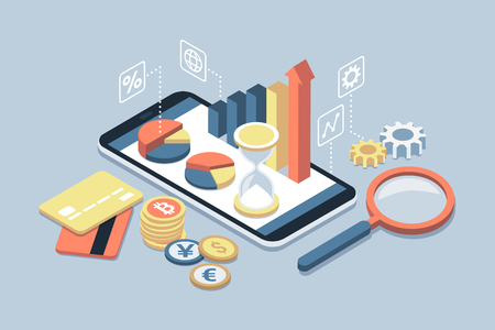 Business, finance and investments app on a smartphone with credit cards and currenciesのイラスト素材