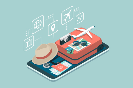 Travel, tourism and booking app: travel equipment and luggage on a mobile touch screen smartphoneのイラスト素材